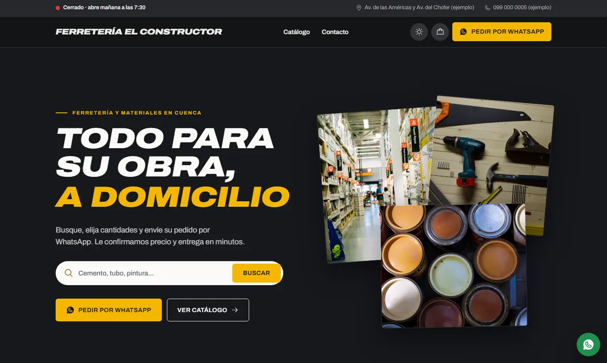 Página modelo de una ferretería hecha por CyData Corp
